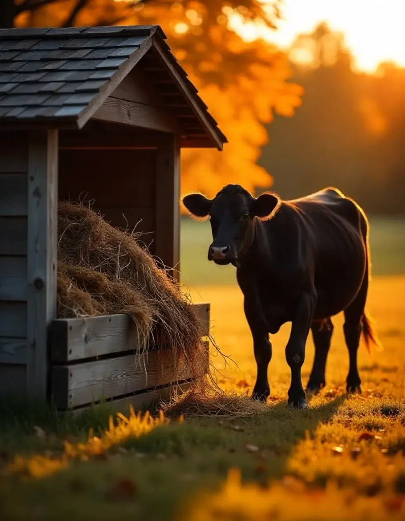 a standing cow in front of a hay feeder