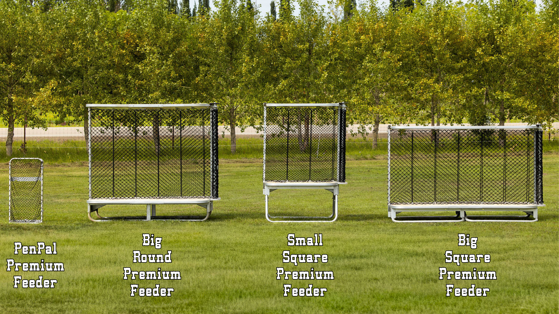 HayBoss Premium Feeder Line with patented roller net system. Durable galvanized steel hay feeders designed to reduce waste and improve animal health. Models: Big Square Premium Feeder, Big Round Premium Feeder, Small Round Premium Feeder, Small Square Premium Feeder.