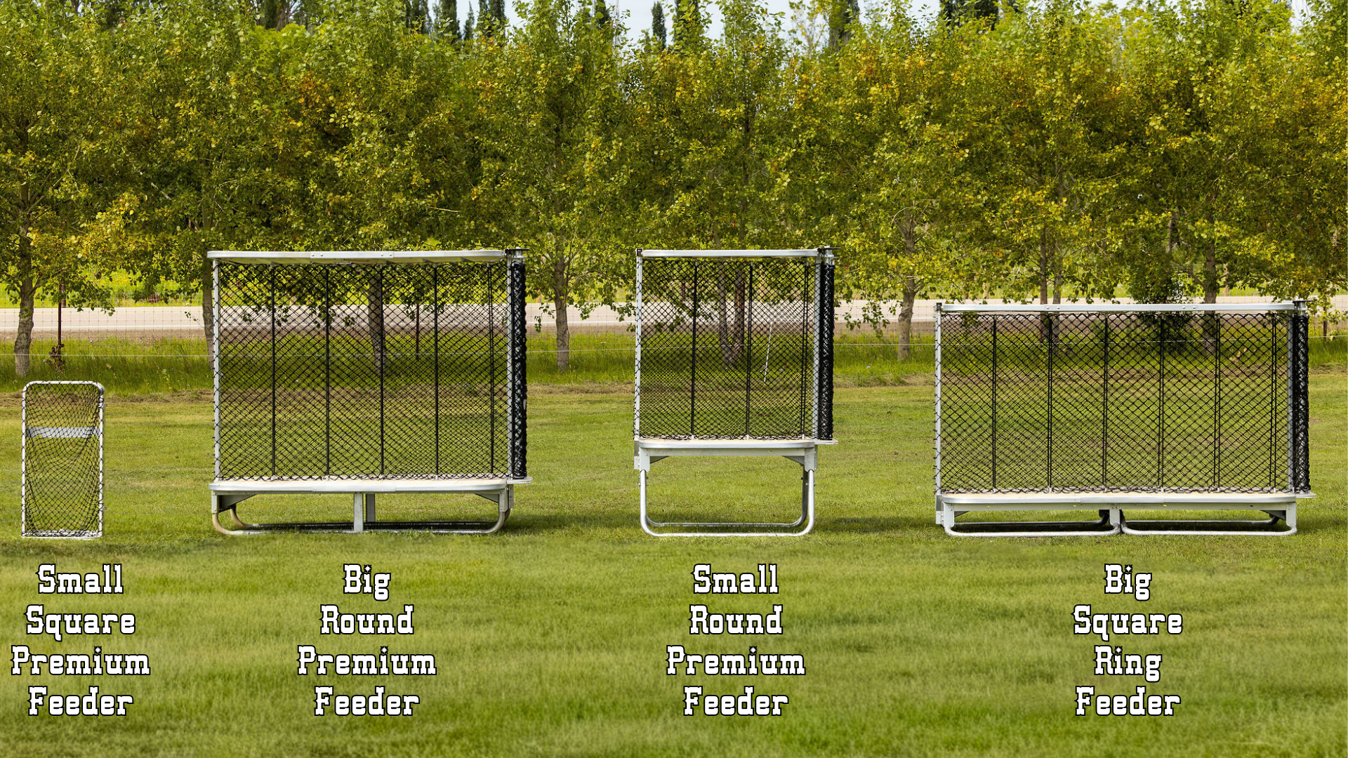 HayBoss Premium Feeder Line with patented roller net system. Durable galvanized steel hay feeders designed to reduce waste and improve animal health. Models: Big Square Premium Feeder, Big Round Premium Feeder, Small Round Premium Feeder, Small Square Premium Feeder.