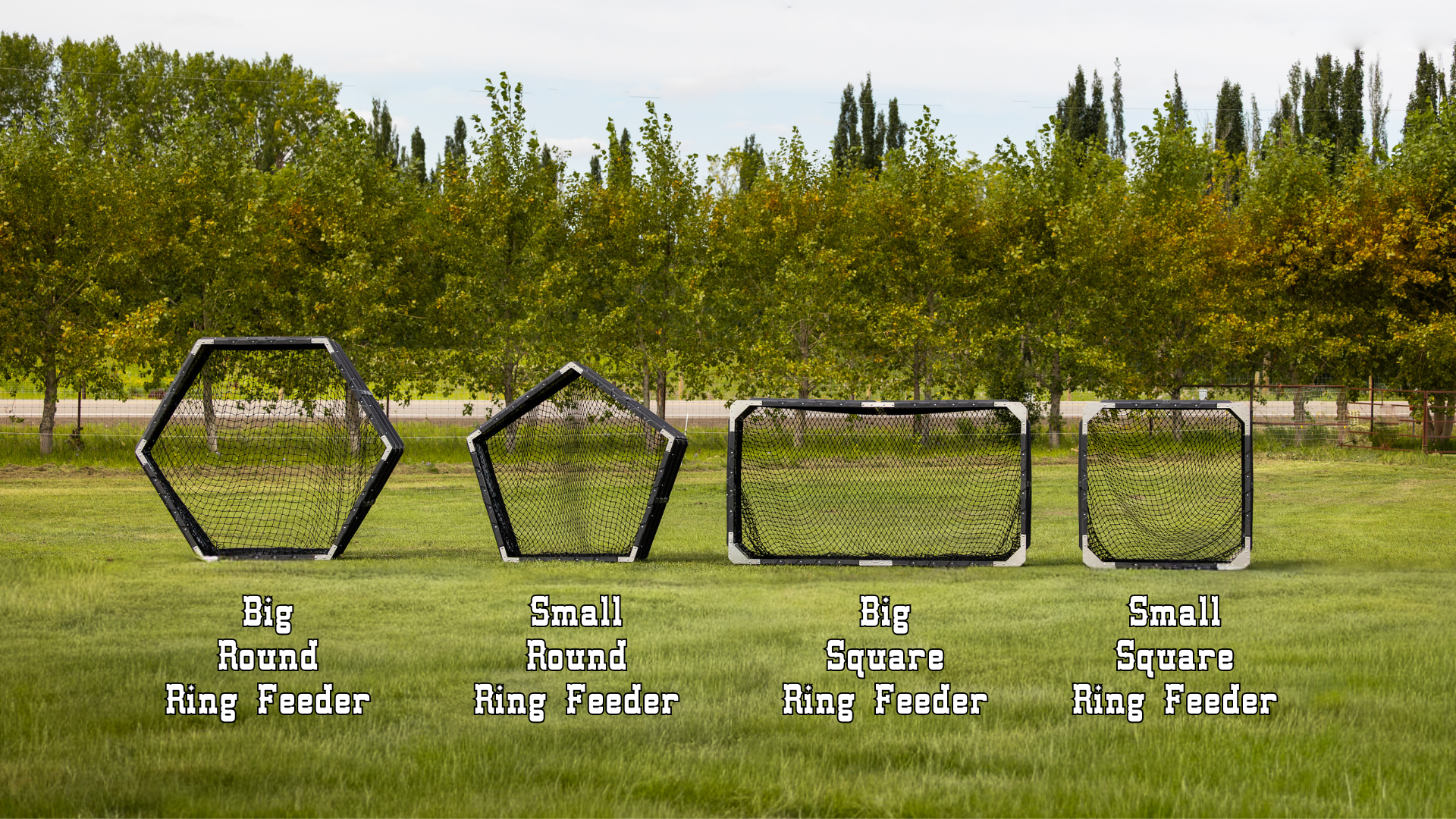 HayBoss Ring Feeder Line standing upright with black nets installed. Heavy-duty galvanized steel hay feeders for cattle, horses, goats, and sheep. Models include the Big Round Ring Feeder, Small Round Ring Feeder, Big Square Ring Feeder, and Small Square Ring Feeder.
